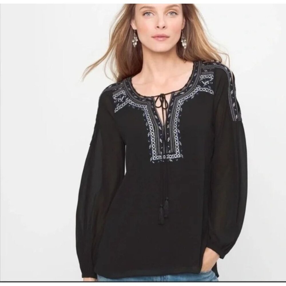 White House Black Market Embroidered Boho Peasant Blouse modern cold shoulder 2